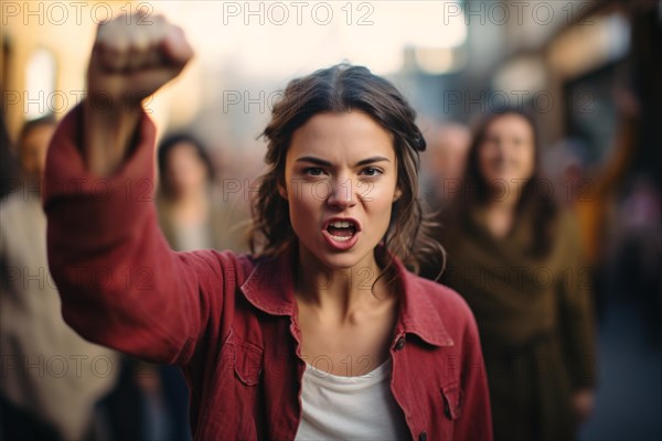 Woman with clenched fist with group of woman in blurry background. KI generiert, generiert AI generated