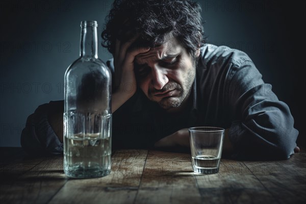 Alcoholism concept. Depressed man with alcohol bottles and glass. KI generiert, generiert AI generated