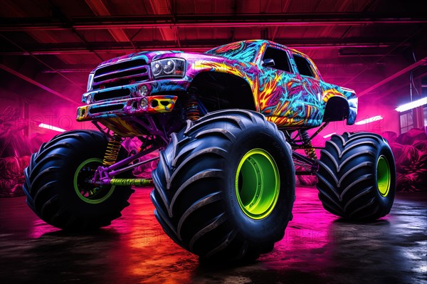 Monster truck illuminated by neon lights, excitement and thrill of an extreme sport and entertainment monster truck stunts racing show, AI generated