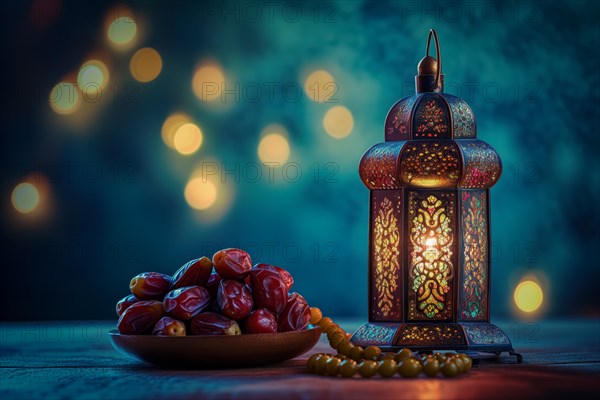 Ramadan lantern with a plate of succulent figs, set on an ornate table with intricate designs, evoking the rich traditions and serene moments of the holy month, AI generated