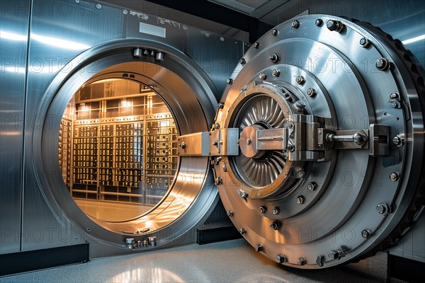 Open bank vault door, revealing a room filled with safety deposit boxes in safe depositary. The metallic and sturdy design of the door highlights security and protection, AI generated