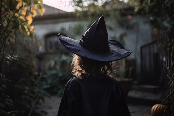 Back view of child in black Halloween witch costume. KI generiert, generiert AI generated