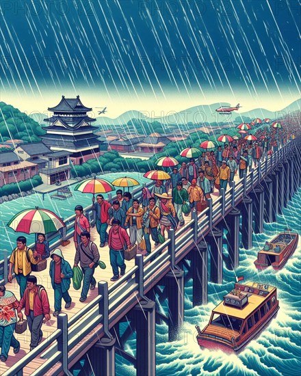 Vibrant illustration depicting migrant people crossing borders over a bridge in the rain, with boats and traditional buildings, AI generated