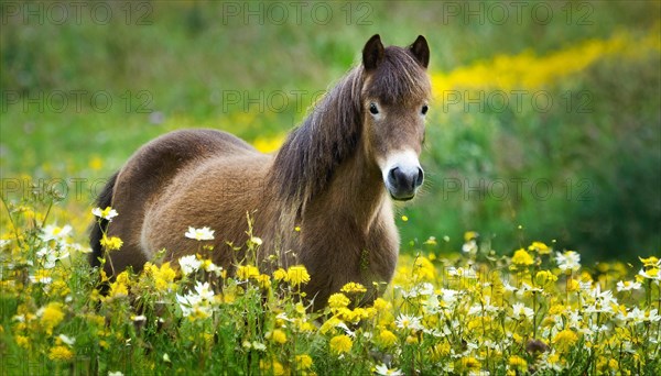 KI generated, animal, animals, mammal, mammals, biotope, habitat, one, individual animal, foraging, wildlife, meadow, pasture, Exmoor pony, horse, horses, ungulates, English pony breed, South West England, Exmoor, (Equus ferus caballus), foal, flower meadow