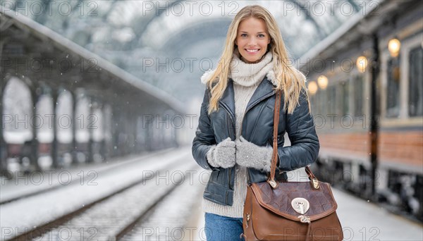 AI generated, A young blonde woman wants to travel and waits for the train at the station, 20, 25, blonde, blond, blonde, modern, modern, handbag, leather jacket, boots, sexy, attractive, attractive, long-haired, transport, traffic