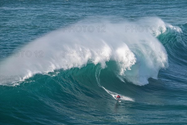 A surfer rides a crashing wave, Nazare, Portugal, Europe