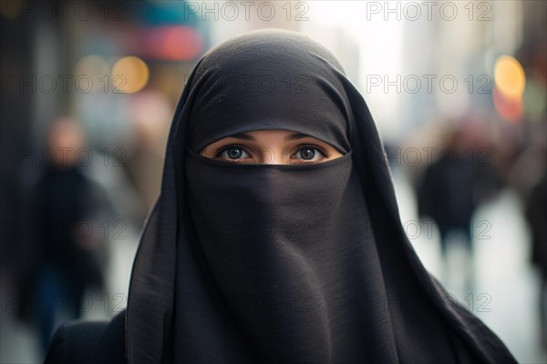 Young woman covered with Muslim Niqab face veil with only eyes visible with blurry city street in background. KI generiert, generiert AI generated