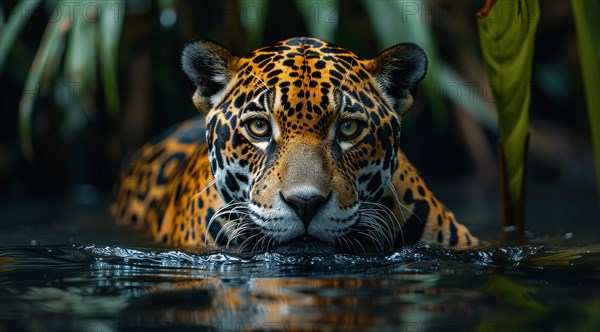 Close-up of a Jaguar (Panthera onca), the King of the Amazon Jungle. partially submerged in water with an intense gaze, ai generated, AI generated