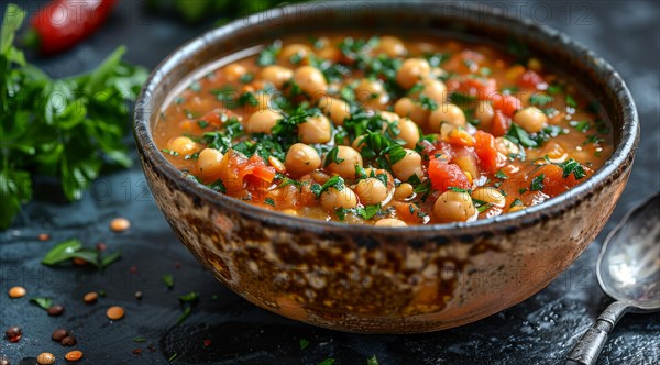 A rustic bowl of Harira Moroccan soup with chickpea and tomato garnished with parsley on a dark surface, ai generated, AI generated