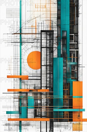 Modern abstract geometric artwork in orange and teal with an architectural blueprint style, vertical aspect ratio, off white background color AI generated