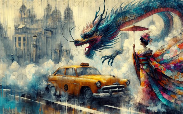 Fantasy art of a woman with an umbrella facing a dragon above a yellow taxi in a city, shunga vintage japanese themed style art, AI generated