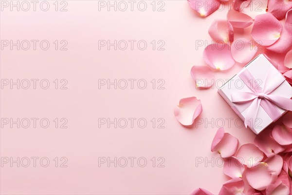 Small gift box and pink rose petal flowers on pink background with copy space. KI generiert, generiert AI generated