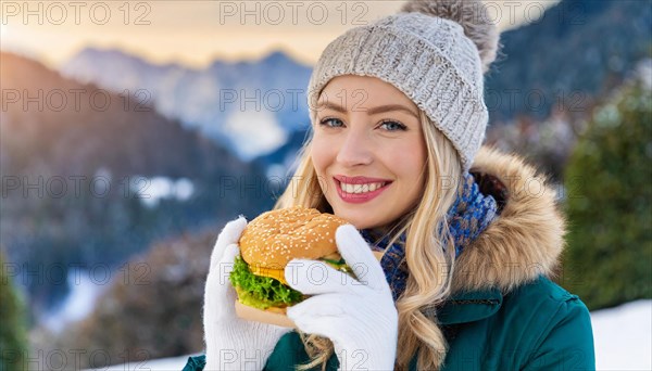 AI generated, human, humans, person, persons, woman, woman, 25, years, one, outdoor, ice, snow, winter, seasons, eats, eating, burger, hamburger, cap, bobble hat, gloves, winter jacket, cold, coldness