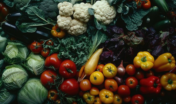 Variety of fresh vegetables background. Top view, flat lay AI generated