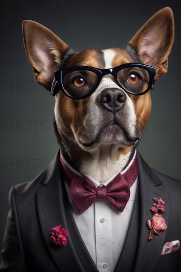 Anthropomorphic dog dressed up with glasses and a bow tie, whimsically emulating human fashion, over grey solid studio background, AI generated