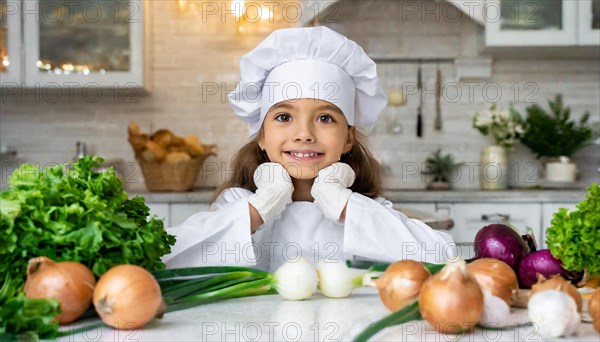 AI generated, human, humans, person, persons, child, children, 8 year old girl cutting onions in a white kitchen, chef hat, smock, cute, cute, beautiful eyes, beautiful teeth, cook, cook, kitchen table, vegetables, onions, garlic