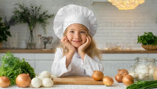 AI generated, human, humans, person, persons, child, children, 8 year old girl cutting onions in a white kitchen, chef hat, smock, cute, cute, beautiful eyes, beautiful teeth, cook, cook, kitchen table, vegetables, onions, garlic