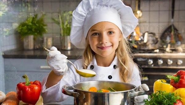 AI generated, human, humans, person, persons, child, children, 8 year old girl cooking a vegetable soup in a white kitchen, chef's hat, smock, cute, cute, cute, beautiful eyes, beautiful teeth, cook, cook, kitchen table, vegetables, onions, garlic