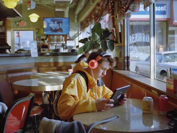 A young individual engrossed in a tablet at a diner table with the warm sunlight streaming through the window, boy with headphones in coffee shop, AI generated