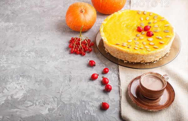 Traditional american sweet pumpkin pie decorated with hawthorn red berries and pumpkin seeds with cup of coffee on a gray concrete background. side view, copy space
