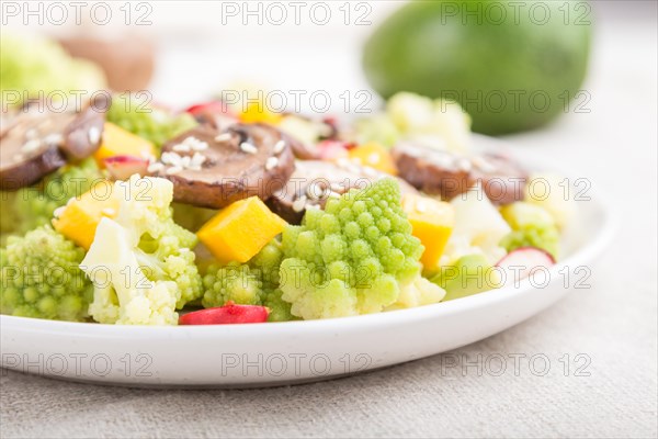 Vegetarian salad from romanesco cabbage, champignons, cranberry, avocado and pumpkin on a white wooden background and linen textile. side view, close up, selective focus