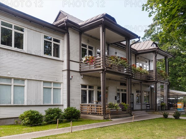 Historical old wooden buildings on the streets of Druskininkai. Lithuania