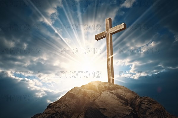 Wooden religious cross at top of mountain hill with sunbeams. KI generiert, generiert AI generated