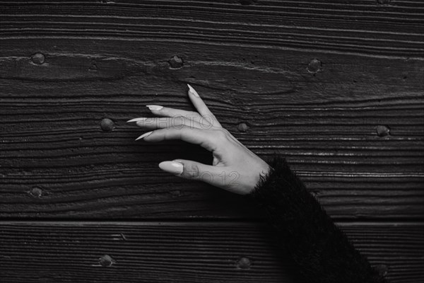 Monochrome image capturing a hand lightly touching a textured wooden surface