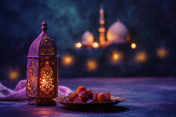 Ramadan lantern with a plate of succulent figs in violet purple tones with mosque, set on an ornate table with intricate designs. Rich traditions and serene moments of the holy month Ramadan, AI generated
