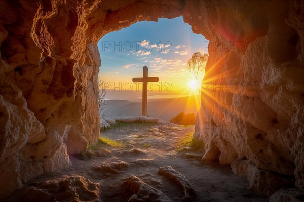 Easter concept cross on Golgotha Calvary hill against a dramatic sunset seen from open tomb of Jesus, AI generated