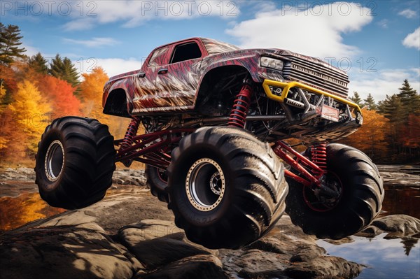 Monster truck driving and jumping outdoors amidst a cloud of dust. Thrill and adrenaline of an outdoor racing event on off-road terrain, AI generated