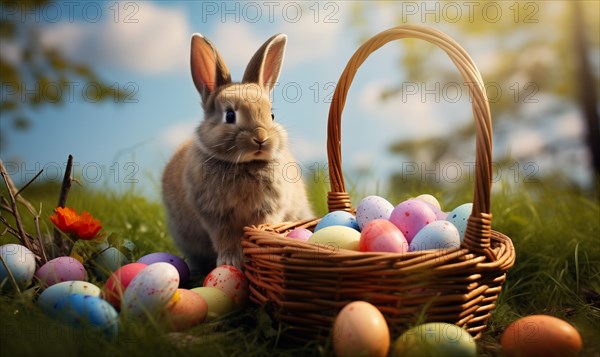 Cute Easter bunny sits beside a basket filled with colorful, decorated eggs amidst a vibrant green field under the bright, sunny sky. The festive spirit of Easter and the joy of nature, AI generated