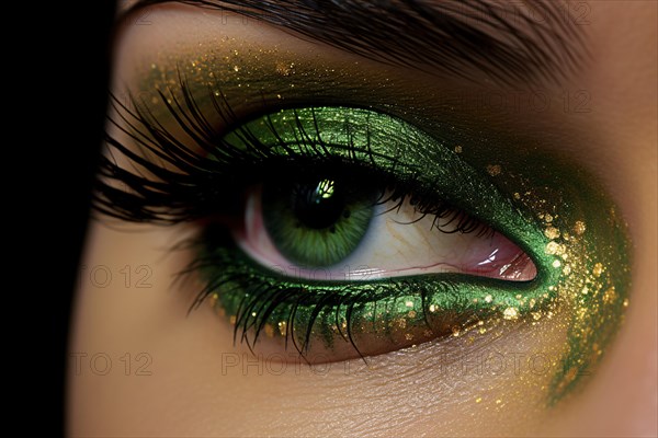 Close up of woman's eye with green and golden St. Patrick's Day eyes makeup with glitter. KI generiert, generiert AI generated