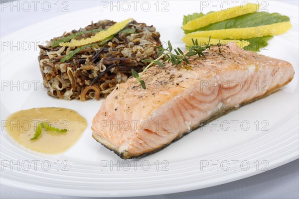 Southern German cuisine, fillet of Dreisam salmon with wild rice and lemon sauce, salmon fillet, healthy eating, decoration, lemon peel, herbs, lemon balm, food plate, appetising, food, studio, fish dish, cooking, Germany, Europe