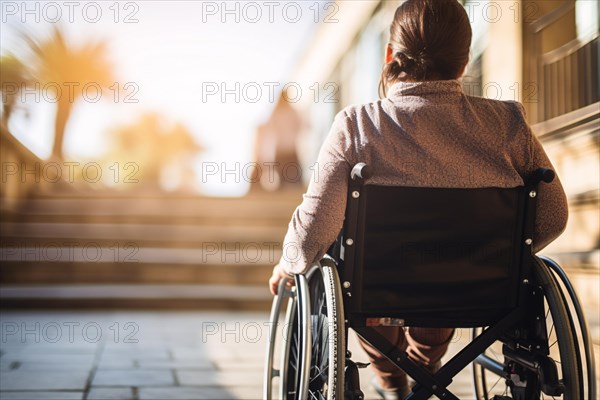 Back view of woman in wheelchair in front of stairs in street. KI generiert, generiert AI generated