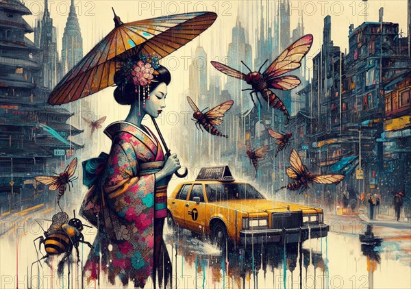 Geisha holding an umbrella amid dragonflies and a taxi in a serene blue cityscape with rain, shunga vintage japanese themed style art, AI generated