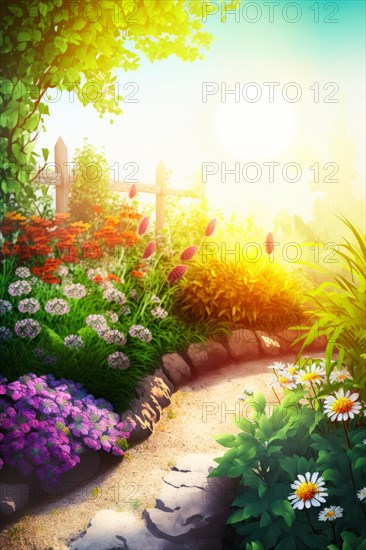 A tranquil garden pathway lined with lush plants and a fence, bathed in beautiful sunset light, Spring garden background illustration, generated ai, AI generated