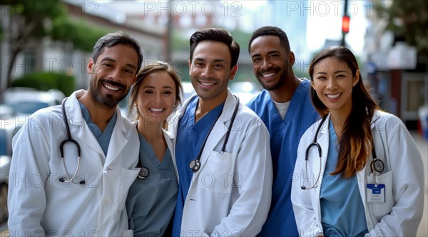 A group of happy healthcare workers in scrubs posing outdoors, displaying camaraderie, ai generated, AI generated