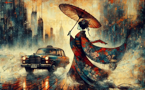 Asian young thin woman wearing long silky floral design kimono dress cross the street by a vintage taxi cab german car in a rainy stormy setting, vibrant cityscape and skyline with bold red accents and reflections, japanese themed shunga art style based, AI Generated, AI generated