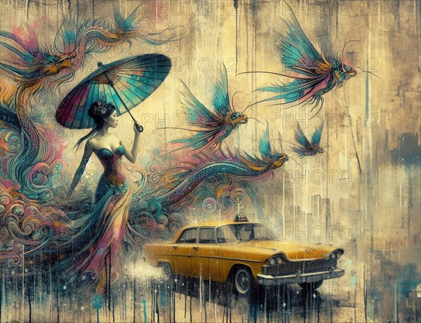 Dreamy scene with a geisha, hummingbirds, and a vintage car in pastel hues, japanese themed shunga style based, AI Generated, AI generated
