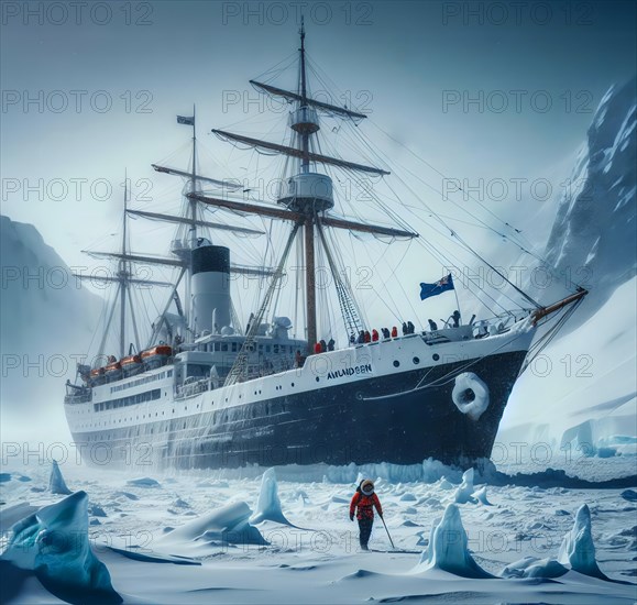 The research vessel of a polar expedition is frozen in the ice off the snow-covered coast of Antarctica, symbolic image polar research, AI generated, AI generated