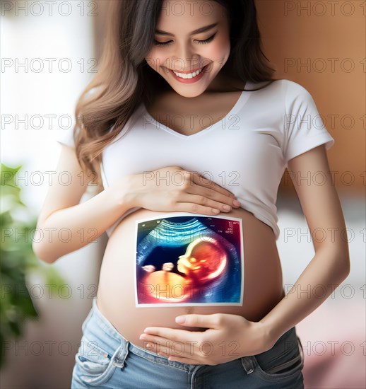 A pregnant young woman with the ultrasound image of her unborn baby in the womb, symbolic image pregnancy, embryo, foetus, desire to have children, AI generated, AI generated