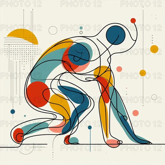 Geometric and colorful abstract depiction of runner in dynamic pose, continuous line art, creature is stylized and simplified to the most basic geometric forms, exaggerated features, adorned with splashes of primary colors, clean white solid background, with subtle geometric shapes and thin, straight lines that intersect with dotted nodes and overlap the figures. The overall aesthetic is modern and contemporary, AI generated