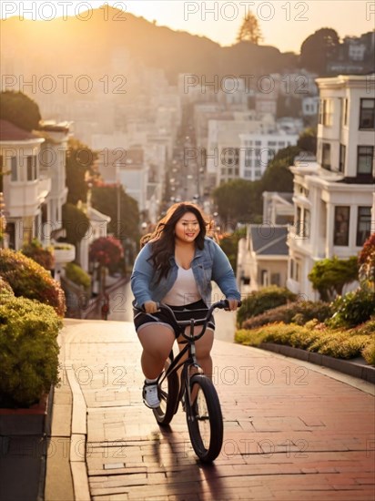 Energetic plus size young asian woman riding a bike downhill in the city during sunset, wearing casual clothes, San Francisco, Lombard area, AI Generated, AI generated