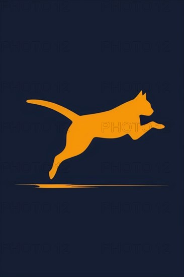 Minimalist cat illustration leaping, in orange on a navy background, minimalist vintage design muted faded, bright background, AI Generated, AI generated