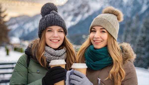 AI generated, human, humans, person, persons, woman, woman, 20, 25, years, two persons, outdoor, ice, snow, winter, seasons, drinks, drinking, cap, coffee, coffee to go, paper cup, bobble hat, gloves, winter jacket, cold, coldness