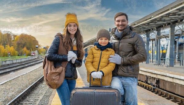 AI generated, A young family wants to travel and waits in the station for the train, 30, 35, years, blond, blonde, man, woman, knd, children, 10, 12, modern, modern, suitcase, handbag, winter jacket, white, sneakers, shoes, sexy, attractive, attractive, long-haired, transport, traffic, four people, family