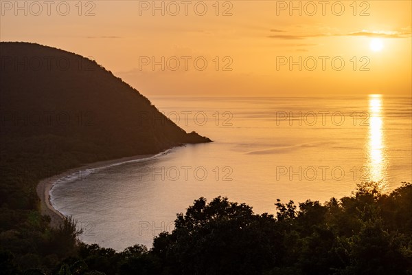 View from a mountain to a secluded bay with a sandy beach and mangrove forest. The sun rises over the sea and bathes the surroundings in a golden light. Grande Anse beach, Basse Terre, Guadeloupe, French Antilles, Caribbean, North America