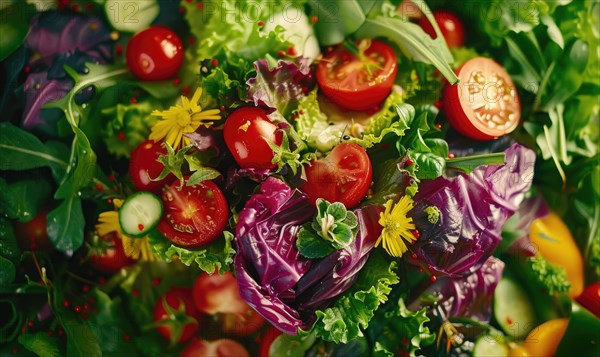 Tomatoes background. Top view of different varieties of tomatoes. Vegetables background. AI generated