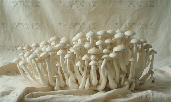 Shimeji mushrooms on white fabric background. Shimeji mushrooms. AI generated